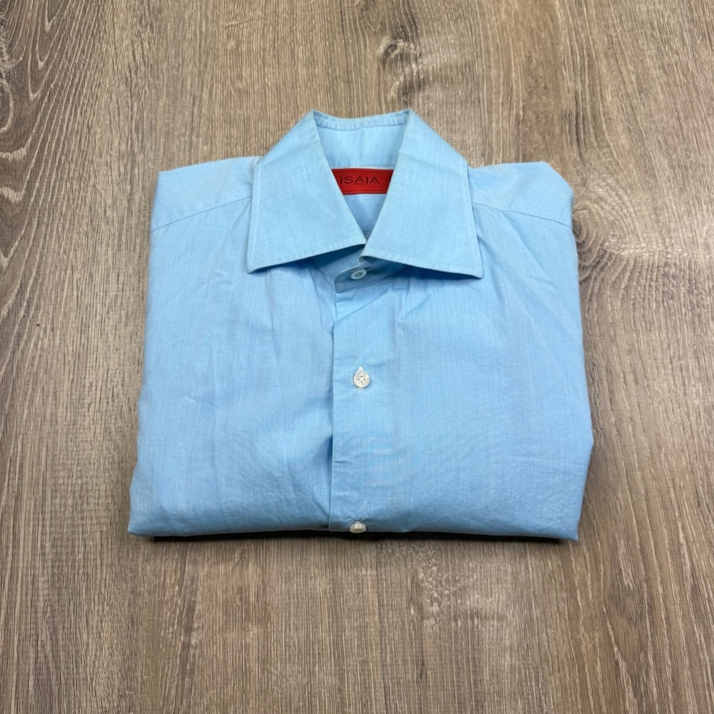 Isaia Napoli Mens Blue Classic Preppy Office Wear Modern Dress Shirt Size 15/38
